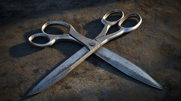 Two scissors seen in a dramatic westernstyle standoff ready to through their opponents paper at high