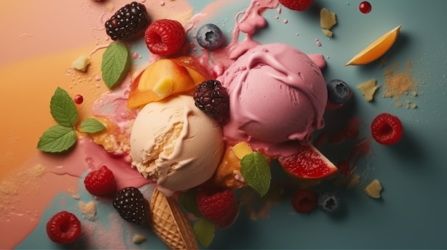 two scoops of ice cream lie on a colorful background with berries and mint