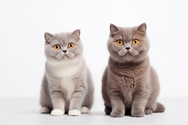 Two Scottish fold breed gray brown cats sit next to each other on a white background copy space portrait