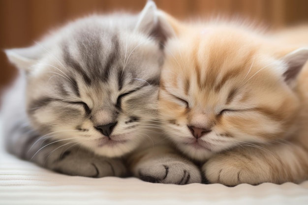 두 마리의 스코틀랜드 폴드 새끼 고양이가 잠을 자고 있습니다.
