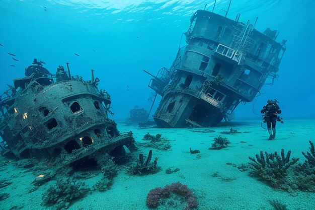 Two scuba divers explore the wreck of the Kudimaa ship sunk in the Maldives