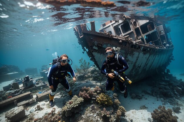 Two scuba divers explore the wreck of the Kudimaa ship sunk in the Maldives