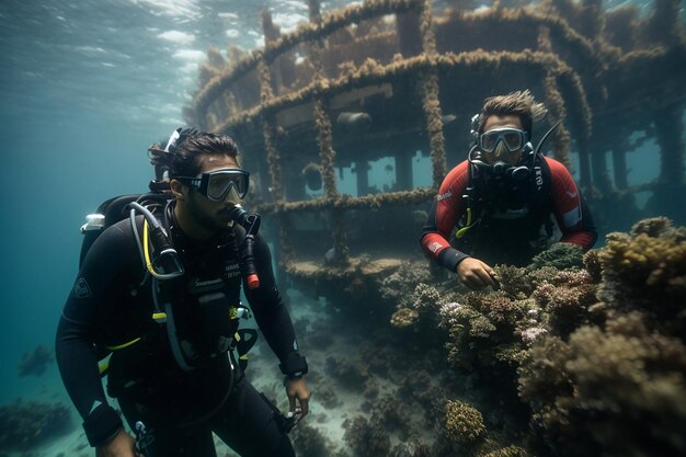 Two scuba divers explore the wreck of the Kudimaa ship sunk in the Maldives