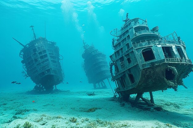 두 명 의 스쿠버 다이버 가 몰디브 에서 침몰 한 쿠디마 선박 의 잔해 를 탐사 하고 있다