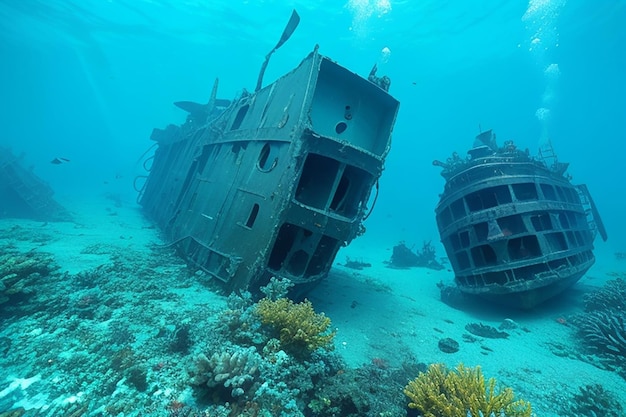 Two scuba divers explore the wreck of the Kudimaa ship sunk in the Maldives