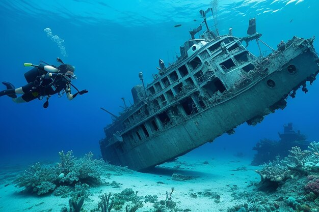 Two scuba divers explore the wreck of the Kudimaa ship sunk in the Maldives