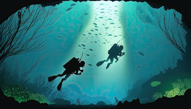 2 人のスキューバ ダイバーのシルエットが、魚の山の海底世界の間でターコイズ ブルーの水の中を泳ぐ水中をシルエットします。