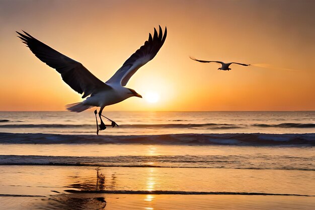 Two seagulls flying over the ocean with a sunset background