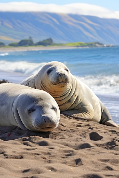 Фото Два тюленя лежат на пляже у океана