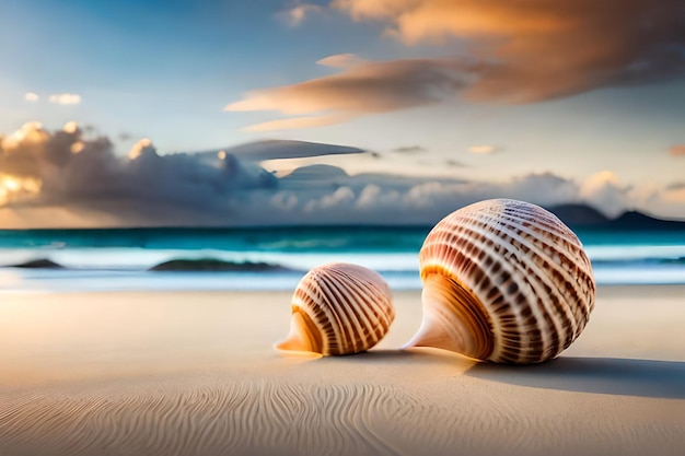 Two seashells on the beach with a cloudy sky in the background