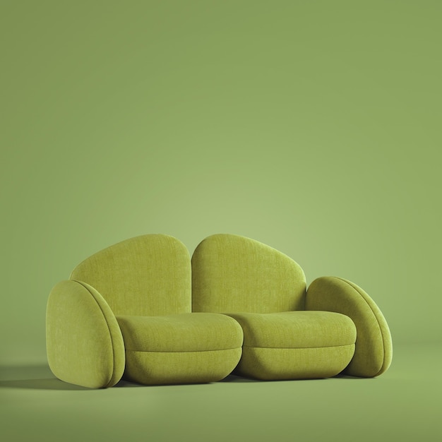 Фото Двухместный зеленый диван или диван в комнате с зеленой 3d-иллюстрацией на стене