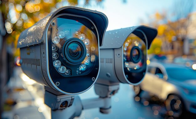 Two security cameras are mounted on a pole one of which is a black Apple product The other is a white product