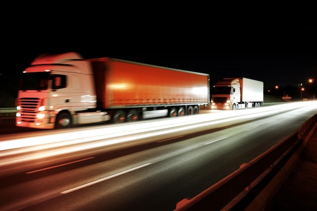 Two semitruck sdriving on the highway at night motion blur