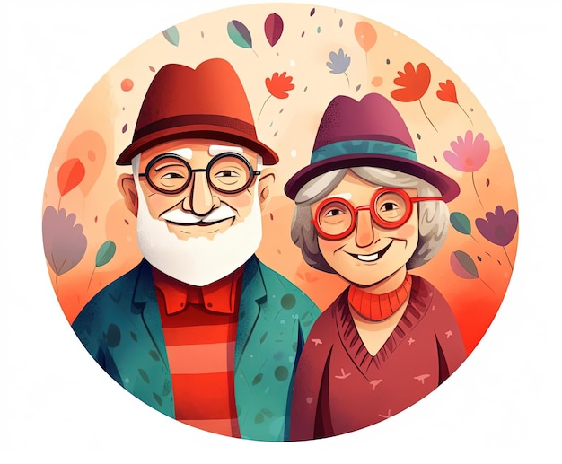 Foto due anziani con gli occhiali che abbracciano l'illustrazione dei cartoni animati nello stile delle forme circolari