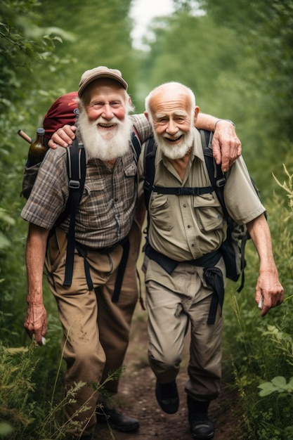 Foto due amici anziani che si divertono mentre camminano insieme in natura durante la loro escursione di un giorno