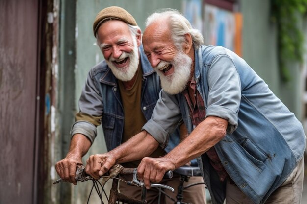 Two senior friends pushing their bikes together and laughing outdoors created with generative ai