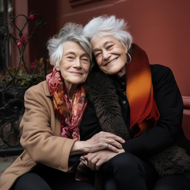 Photo two senior lovely lesbian women hugging