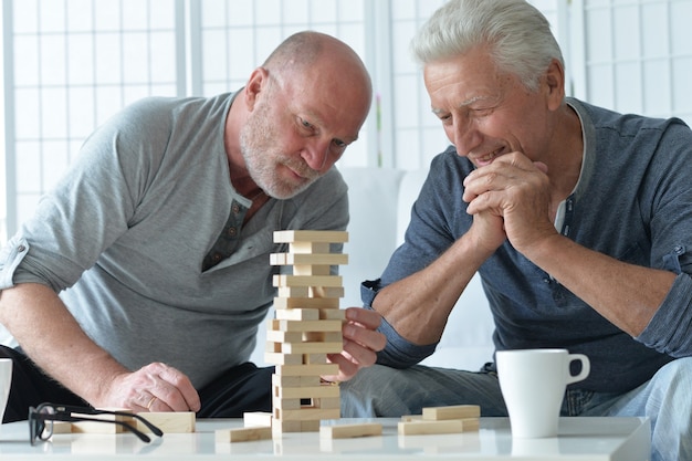 Two senior men having fun and playing board game at home