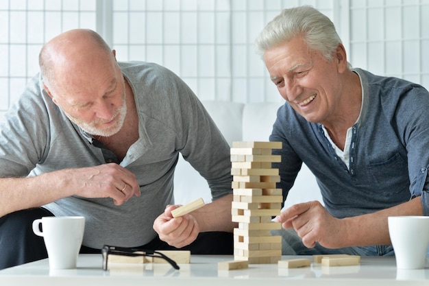 Two senior men having fun and playing board game at home