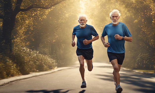 two senior men running in parktwo senior men running in parksenior couple jogging on the road