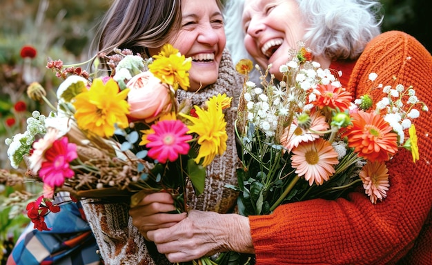 Foto due donne anziane che ridono e si divertono con i fiori che celebrano la giornata internazionale della donna con la diversità, la bellezza e le donne naturali.