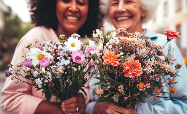 Две пожилые женщины улыбаются и хорошо проводят время с цветами, празднуя Международный женский день с разнообразием красоты и естественных женщин.