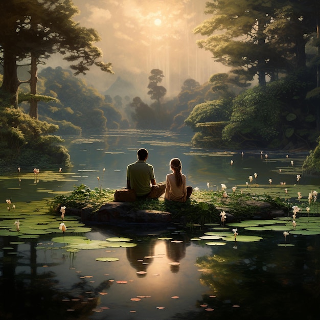 Two serene people sit by tranquil pond generated by AI