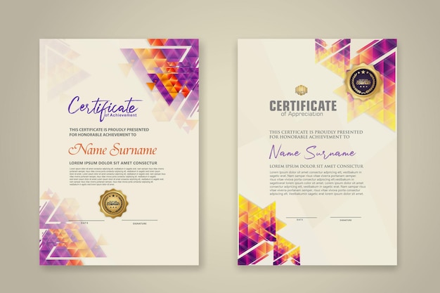 Two set certificate template with dynamic and futuristic polygonal color and modern background
