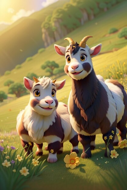 two sheep are standing in a field of flowers.