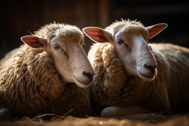 Two sheep laying on hay in a barn