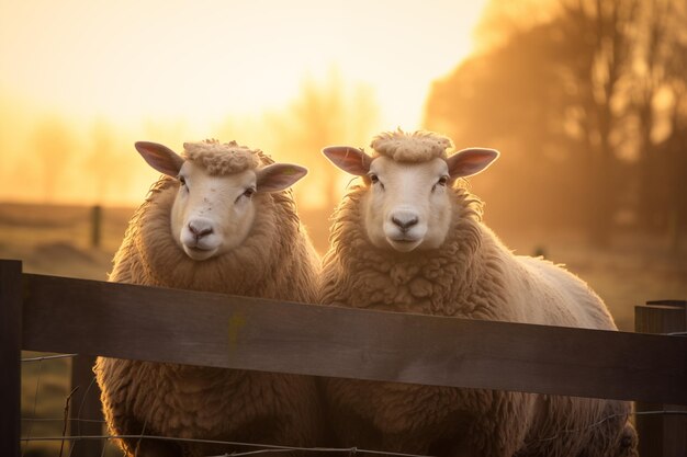 Two sheep peering over a rustic wooden fence Generative AI