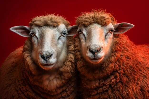 Two sheep with their heads turned to the left and the right one has a red background.