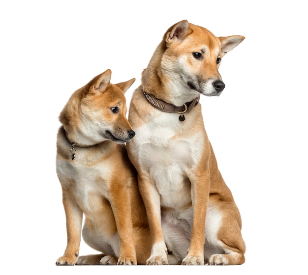 Two Shiba Inu, looking away, isolated on white