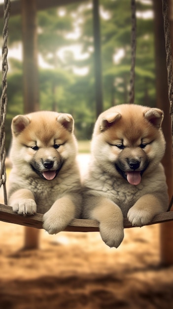 Two shiba inu puppies hanging on a swing