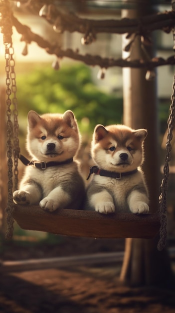 Два щенка шиба-ину сидят на качелях