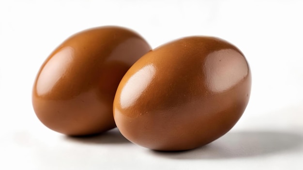 Two shiny brown eggs on a white surface