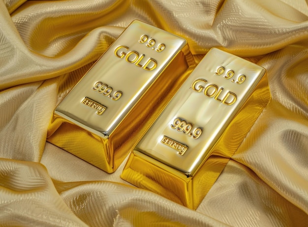 Photo two shiny gold bars on golden silk