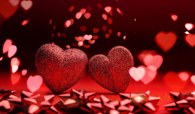 Two shiny hearts on a red background with lights.