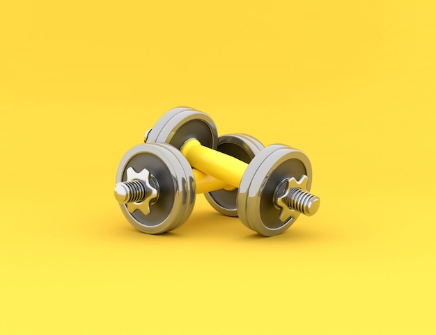 Two shiny iron isolated dumbbells. 3D rendering