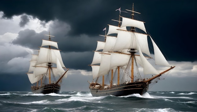 Photo two ships are sailing in the ocean under a stormy sky