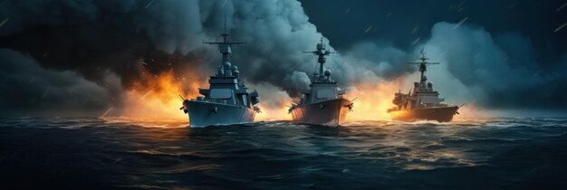 Photo two ships are in the sea military fire animation