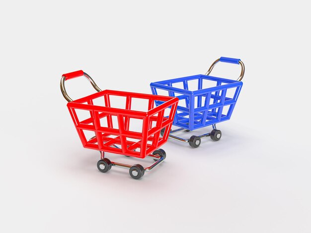 two shopping carts stopped in the scenery, blue and red