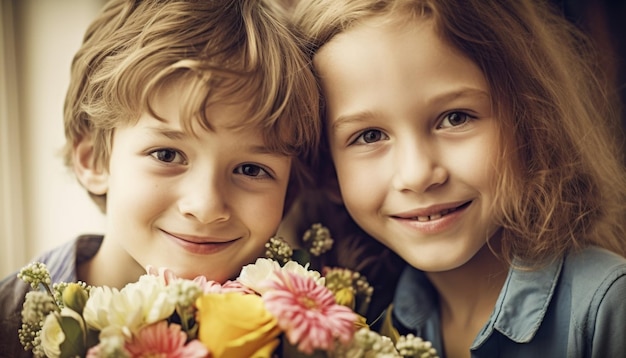 Two siblings hold a flower bouquet smiling generated by AI