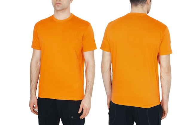 Макет двух сторон мужских оранжевых футболок Design templatemockup