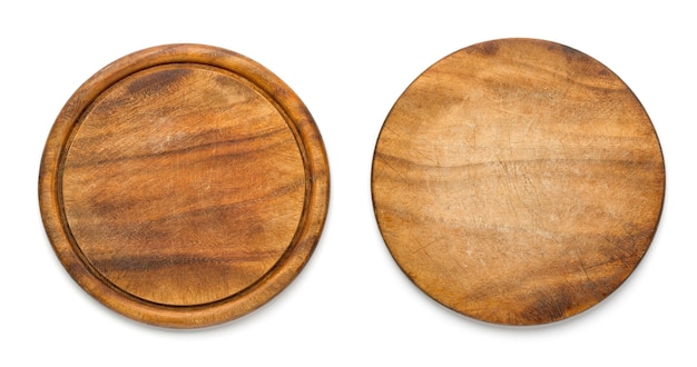 写真 白い背景で隔離のピザ用の使用済み丸い木製まな板の両面。食品プロジェクトのモックアップ。
