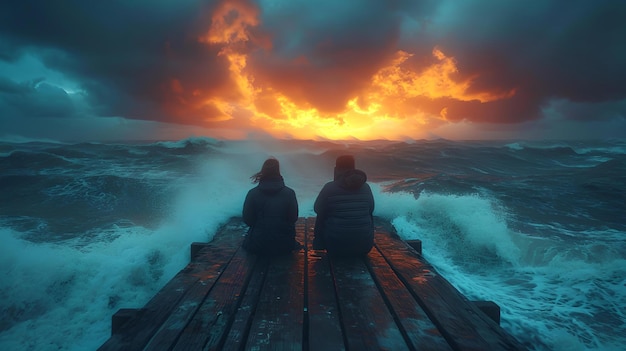 2人のシルエット人物が桟橋から嵐の海の上の燃えるような空を見つめ、畏敬の念を抱く AI