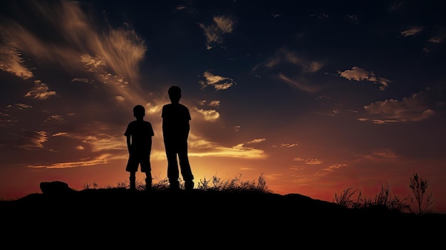 Two silhouetted boys on a hill at dusk