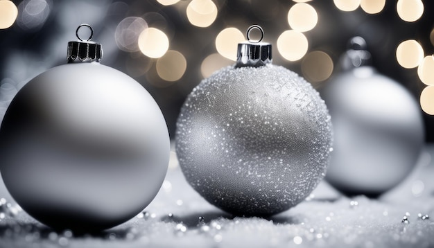 背景にライトがついた2つの銀のクリスマス装飾品