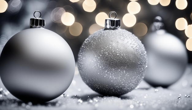 Two silver christmas ornaments with lights in the background