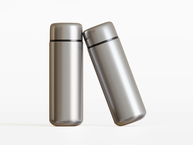 Two Silver Thermos on White Background